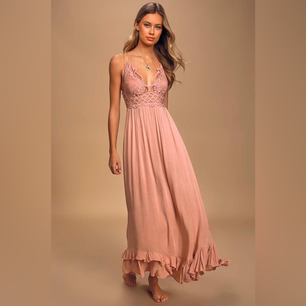 Free People Adella Maxi Slip Rose Pink Lace Dress